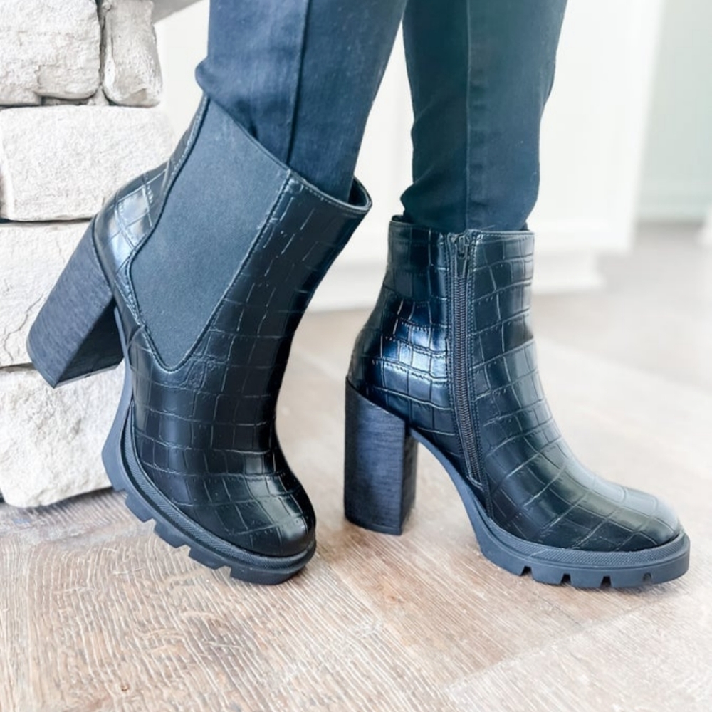 Shu Shop Faux Croc Leather Heeled Booties